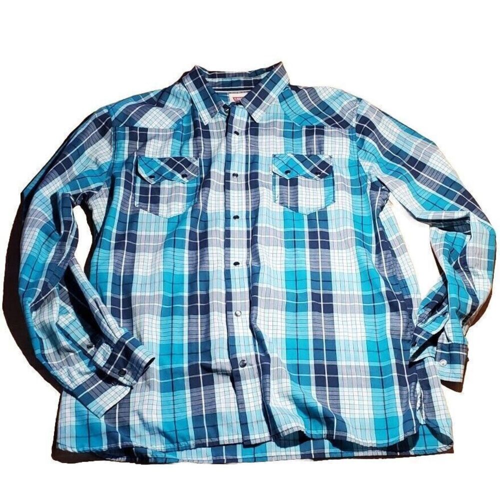 Levis Pearl Snap Shirt Mens XXL Blue Plaid Long Sleeve Cowboy Western Rockabilly